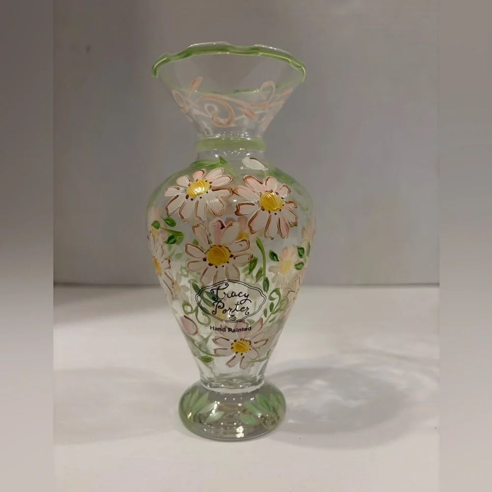 Vintage Tracy Porter boho hand painted floral design set of 2 glass bud vases